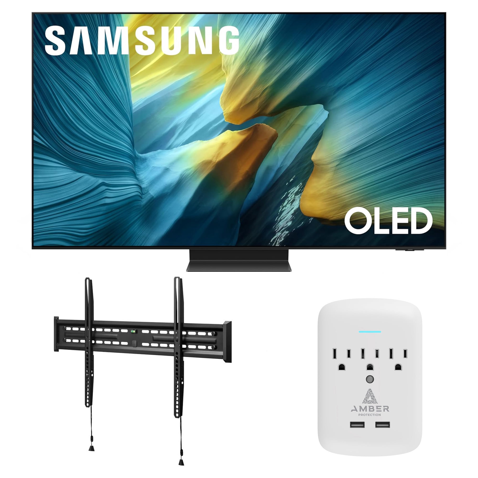 Samsung QN65S95FAFXZA 65 Inch OLED HDR Pro 4K Smart TV with a Walts FIXED-MOUNT-43-90 TV Mount for 43"-98" TVs and Amber Protection 3-OUTLET-SURGE Surge Protector (2025)