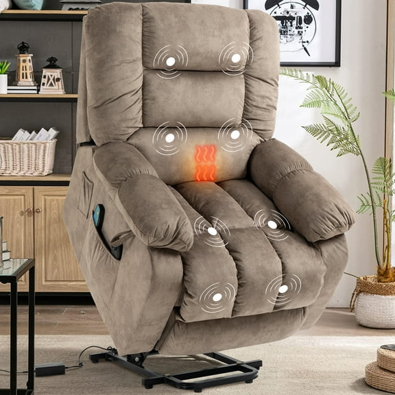 Power Lift Recliner Chair with Heat and Vibration Massage, UHOMEPRO Modern Fabric Elderly Electric Reclining Sofa with Remote Control and Side Pockets for Living Room Home Theater, Light Brown