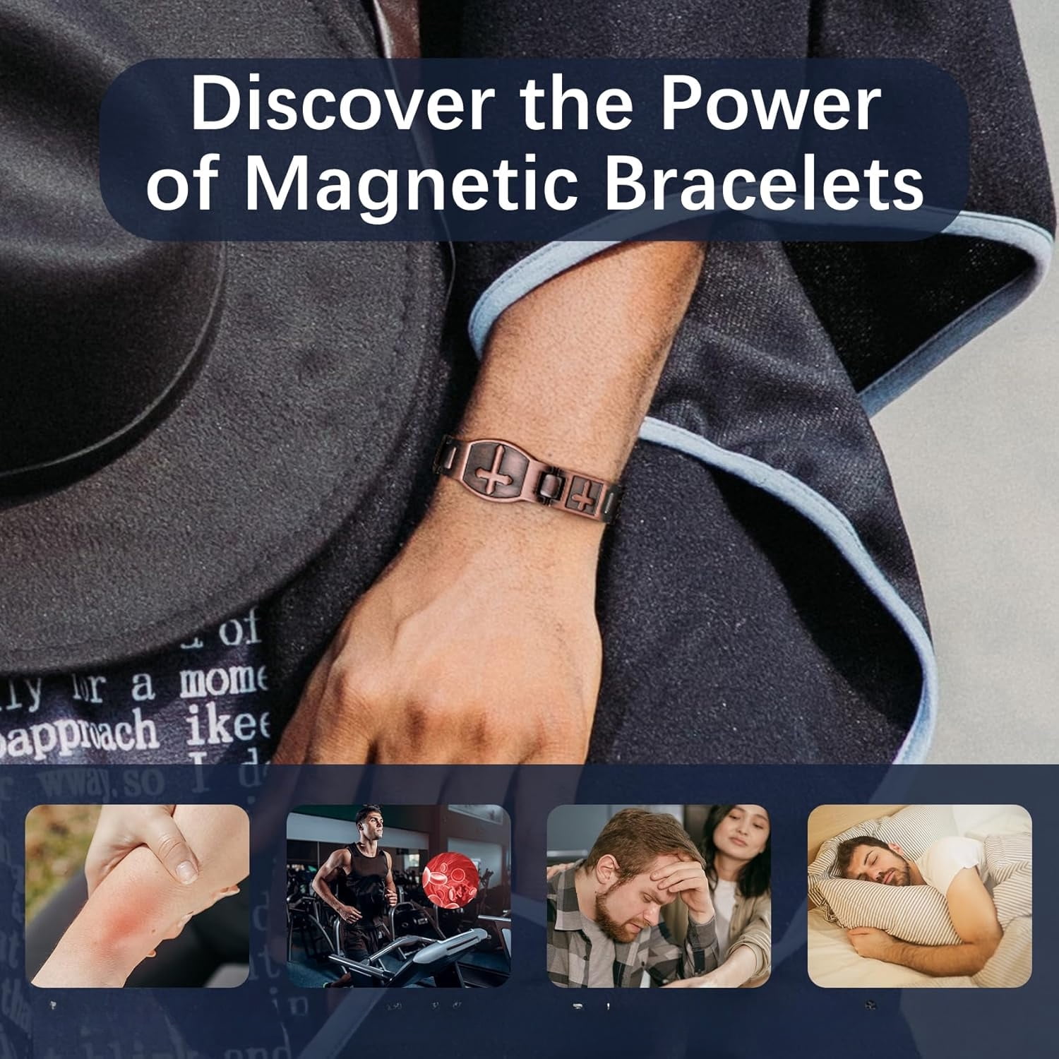Wollet 3X Copper Bracelet for Men,Magnetic Bracelet, Set of 2