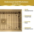 thumbnail image 3 of STRICTLY SINKS 32” Gold Work Station Kitchen Sink Undermount - Single Bowl Square Drain Stainless Steel 16 Gauge with Single Strainer Square Drain, 3 of 10