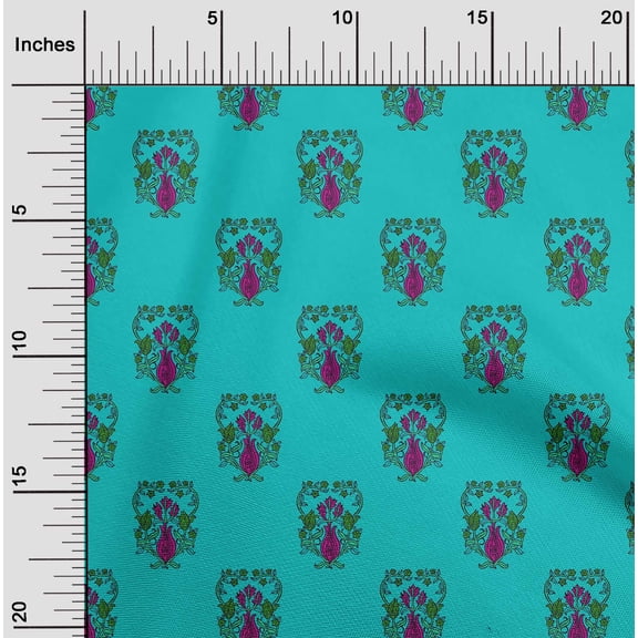 oneOone Cotton Jersey Turquoise Blue Fabric Leaves & Floral Block Sewing Material Print Fabric By The Yard 58 Inch Wide