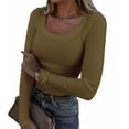 thumbnail image 2 of YDFCWXW Womens Long Sleeve Scoop Neck Ribbed Knit Fitted Casual Tops Tee Slim Basic Shirts Khaki, M, 2 of 5