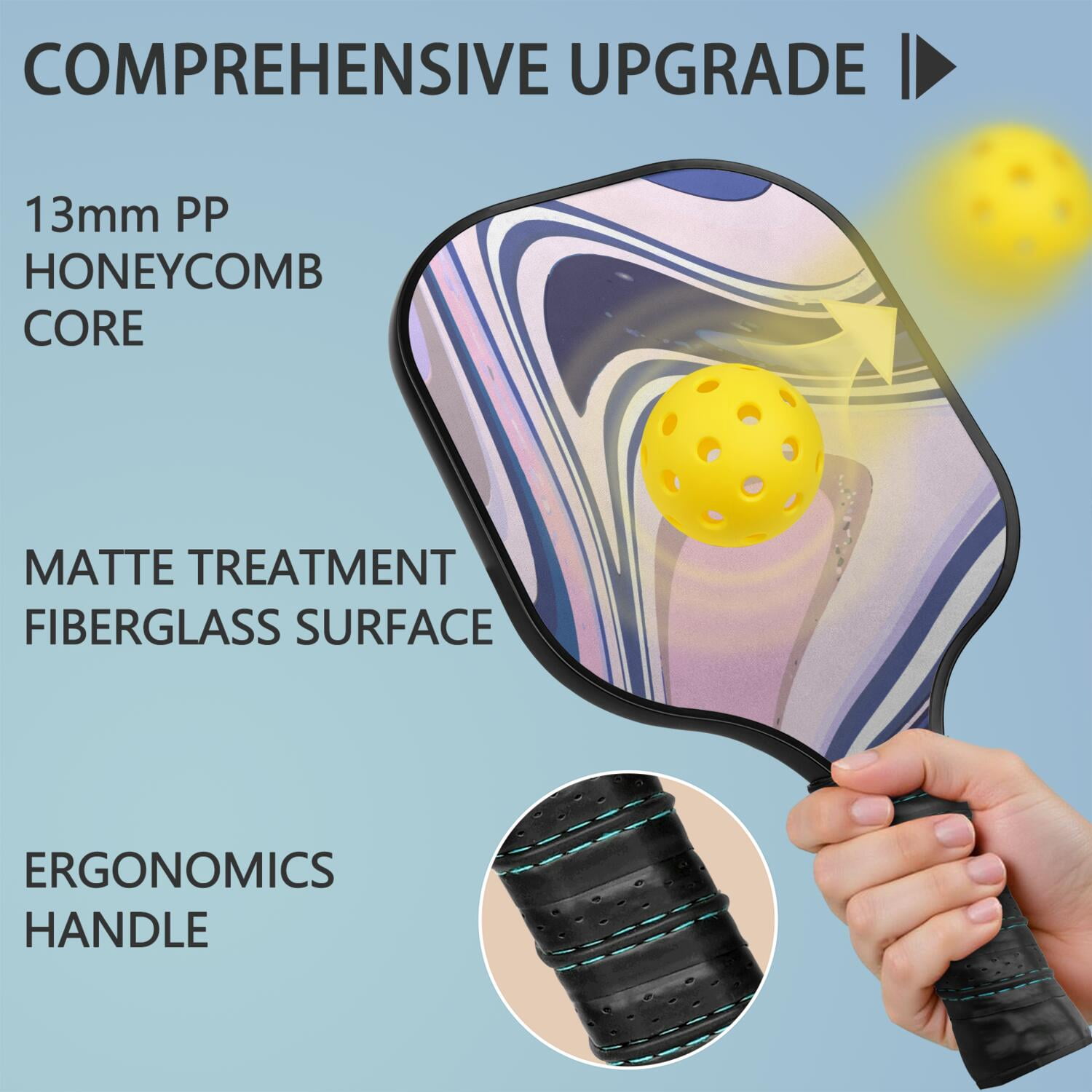 Pickleball Paddles Set Of 2, Fiberglass Surface, Liquid & Marble Print, 4 Balls & Bag