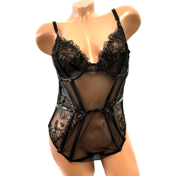 Victoria's Secret Very Sexy Sheer Mesh Lace Teddy Black Faux Leather Trim Size Large NWT