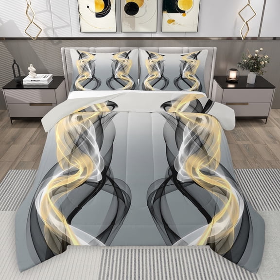 Feelyou Grey Yellow Striped Bedding Comforter Set, Boho Abstract Stripes Twin Comforter Sets, Contemporary Lines Reversible Bedding Set, Lightweight Room Decor, 2pcs