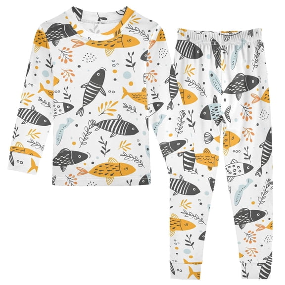 Dailycode Cotton Pajama Set Snug Fit Long Sleeve Top and Pants for 18M-8Y Hand Drawn Doodle Fish