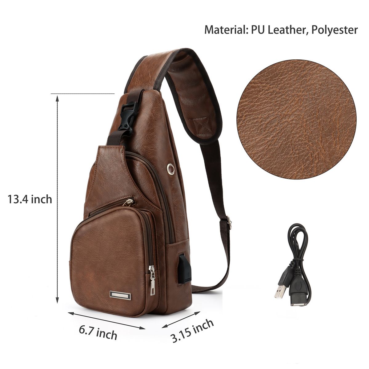 Spencer Men's Leather Sling Bag Anti Theft Chest Shoulder Bag Water Resistant Crossbody Backpack Unbalance Daypack with USB Charging Port for Travel Hiking (13.8" x 6.7" x 2.4",Dark Brown) - image 4 of 5