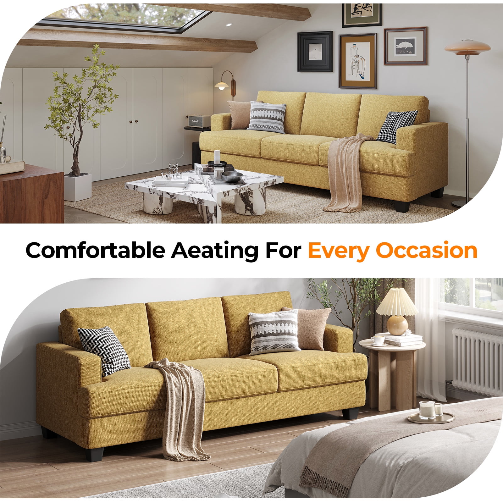 BLAZANT 3 Seater Sofa Oversize, 89" Extra Large Size Sofa Couch with Extra Deep Seats, Modern Loveseat Sofa, Comfortable Fabric, Easy to Install, for Living Room Apartment Lounge, Yellow