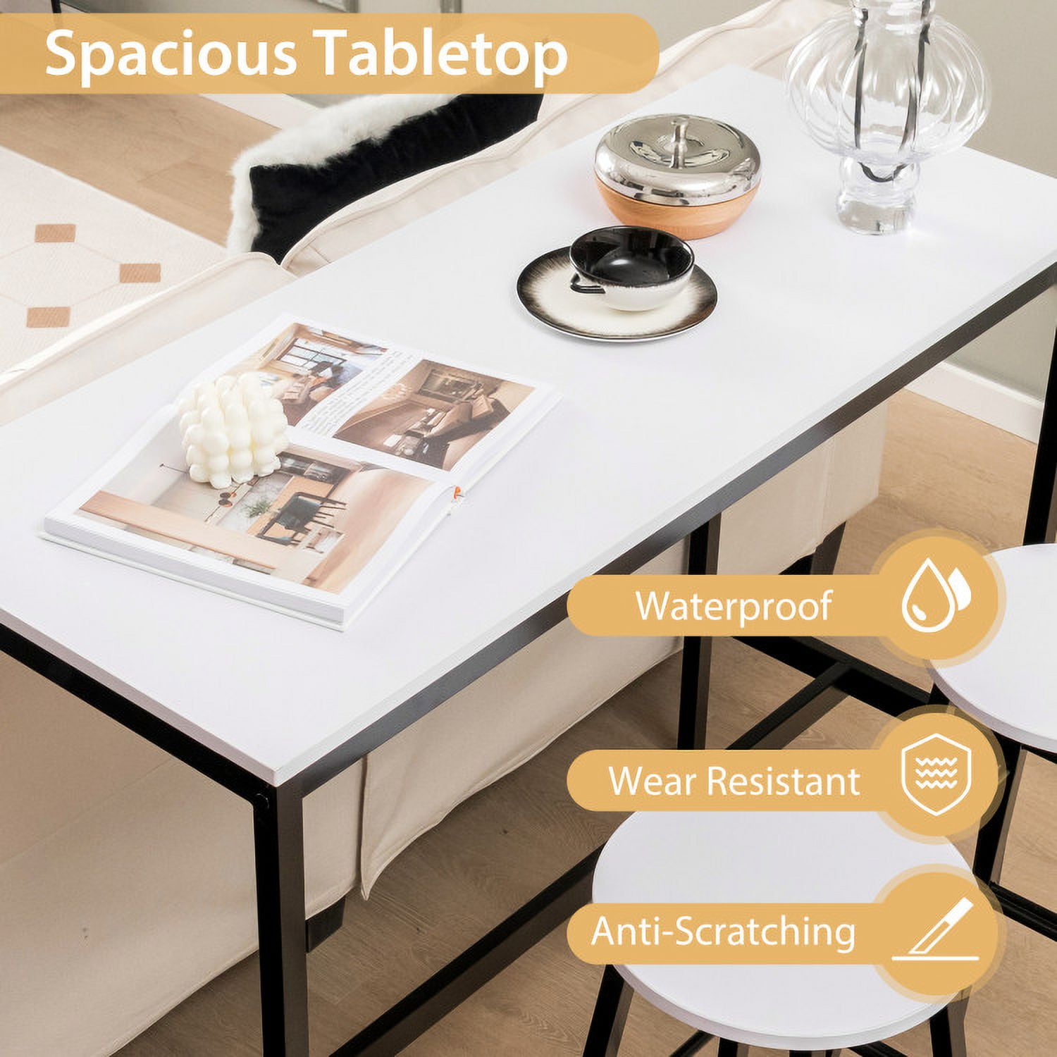 Finihen Dining Set, Dining Table Set, 3 Piece Pub Table and Stools Kitchen, for Home, Restaurant, Black & White Finihen Dining Set, Dining Table Set, 3 Piece Pub Table and Stools Kitchen, for Home, Restaurant, Black & White