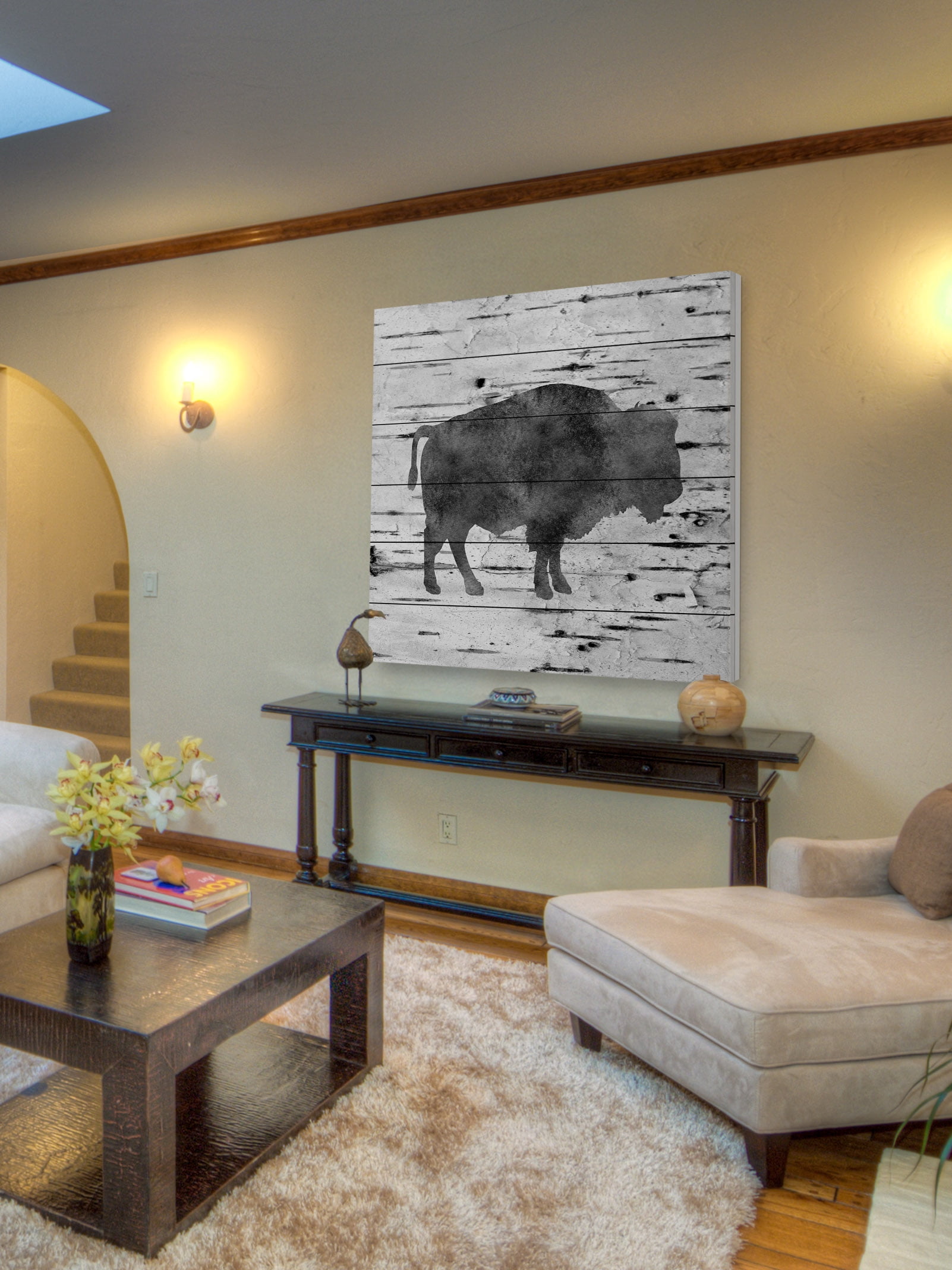 "Bison Birch Bark" Painting Print on White Wood