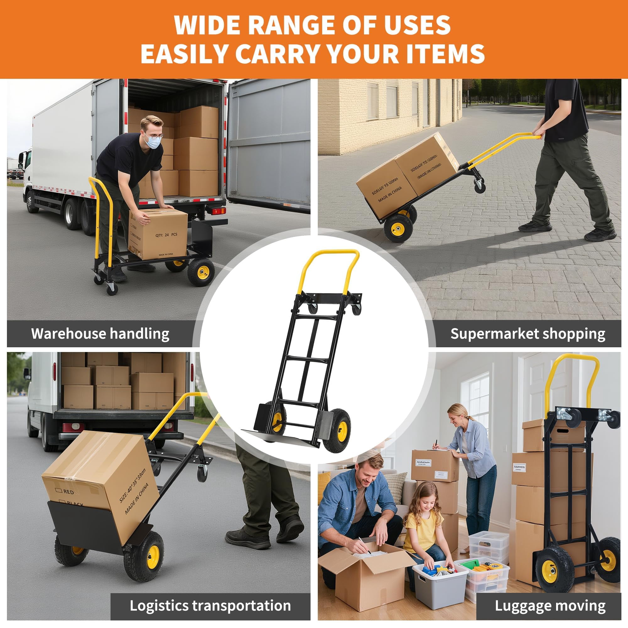 2-in-1 Convertible Hand Truck, 800 lbs Heavy Duty Dolly Cart, Folding Metal Frame with 4 Wheels, Ideal for Moving, Warehouse, Garden and Shopping