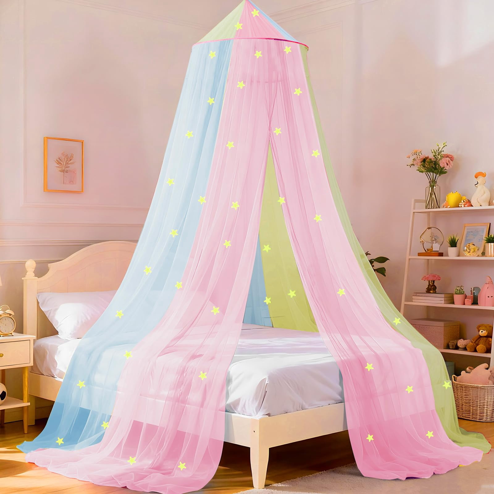 Rainbow Bed For With Glowing Stars  Colorful Princess Curtains Full And Queen Sizes Mosquito Netting Ceiling Tent Bedroom Decor