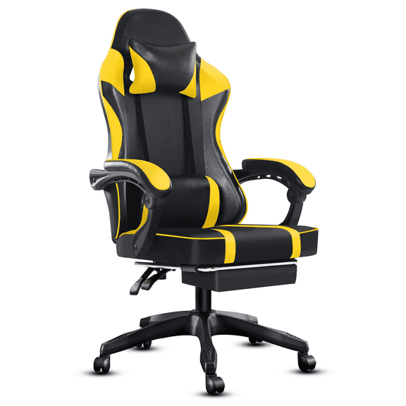 Ergonomic PU Leather Gaming Chair with Footrest for Adults, 400lb Capacity, 360° Swivel, Lumbar Support, Reclining Computer Chair for Game Room/Office, Yellow