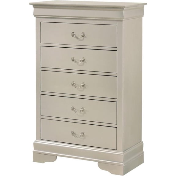 Pemberly Row Traditional 5-Drawer Solid Wood Bedroom Chest in Silver Champagne