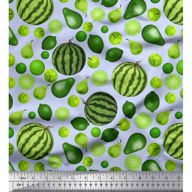 Soimoi Polyester Crepe Fabric Pear,Lemon & Watermelon Fruits Print Sewing Fabric Yard 52 Inch Wide
