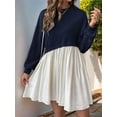 thumbnail image 2 of Women'S Color Block Round Neck Long Sleeve Ruffle Hem Casual A Line Short Dress Navy Blue M, 2 of 7