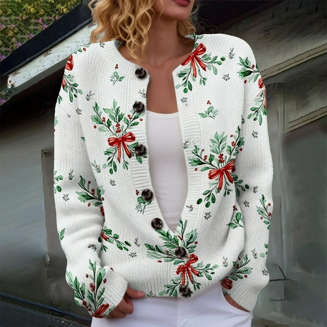 Cardigan de Noël pour Femmes, Chandail en Tricot à Manches Longues avec Boutons et Col Rond, Tenue de Fête pour les Rassemblements de Noël et les Occasions Festives - Blanc