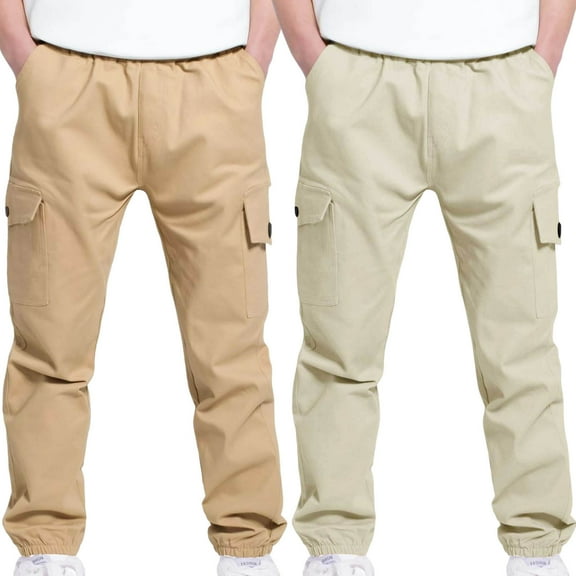 Bnwani Toddler Cargo Pants Sports Casual Stretch Elastic Waist Joggers Solid with Pockets Pant Beige 2 Pack