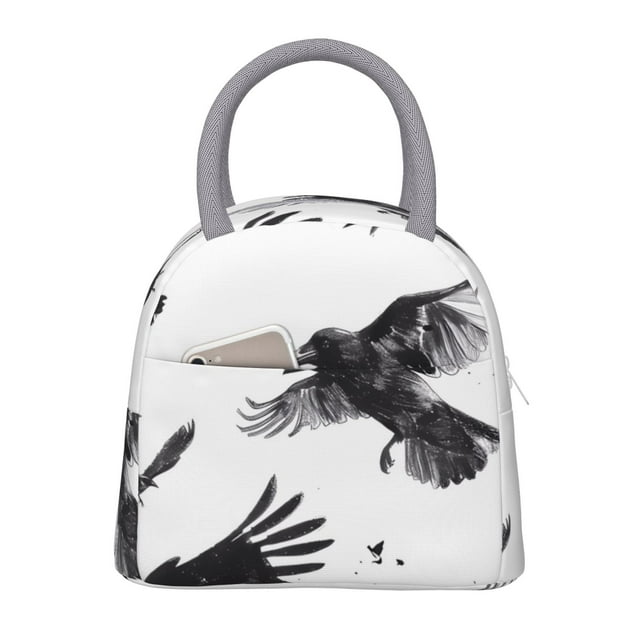 Lsque Monochrome Flying Ravens Print Lunch Bag, Insulated Lunch Box, Small Leakproof Cooler Food Lunch Containers Reusable High Capacity Lunch Tote Bags