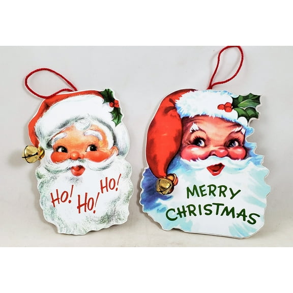 Retro Santa Claus Wood Ornaments with Metal Jingle Bells Set of 2 Christmas New