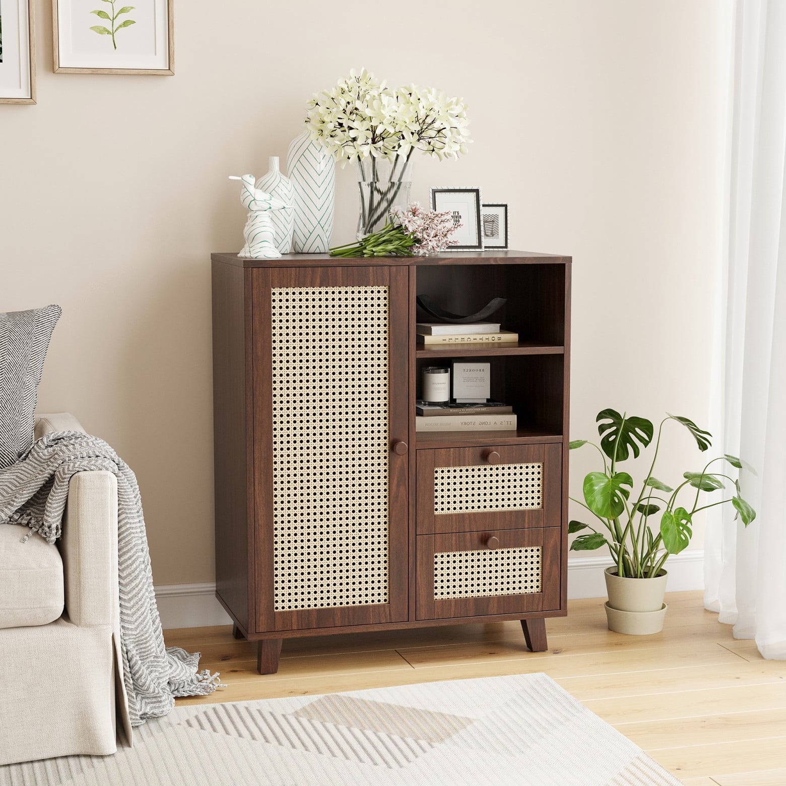 Rattan Buffet Cabinet with Drawers & Adjustable Shelf, Modern Farmhouse Sideboard Storage Cabinet for Living Room, Kitchen, Entryway, Walnut