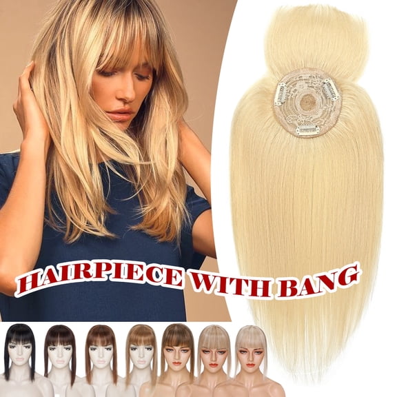 Fiykzur Remy Human Hair Clip In Topper with Bang for Women, 150% Density Silky Straight, 3 Clips, 10-14 Inch, Natural Look Hairpiece