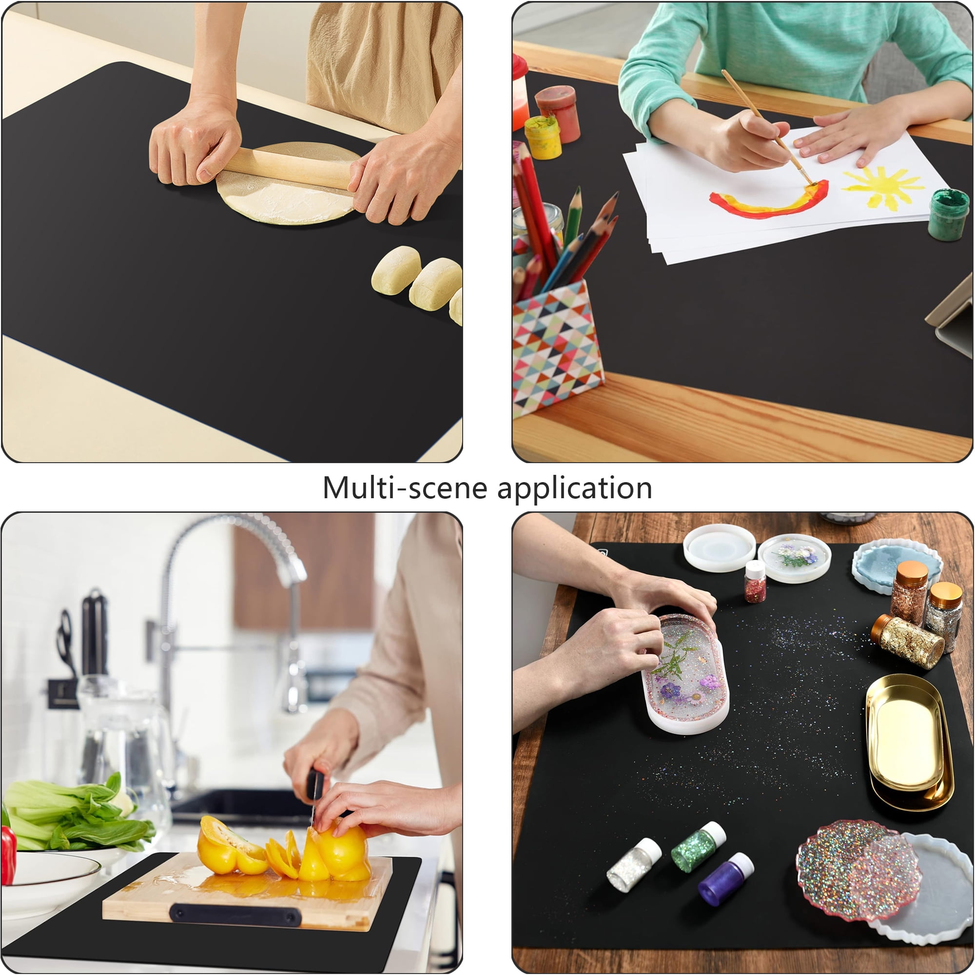 Panzexin 4-Pack Food-Grade Silicone Mats, Non-Slip, Heat-Resistant & Waterproof, 15.7" x 11.8" Table Placemats, Dough Mats- Black