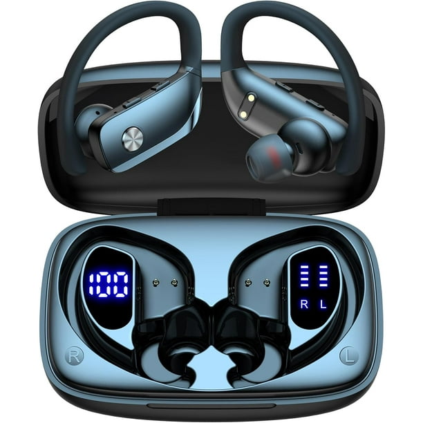 Auriculares inalámbricos bmani con Bluetooth, 48 horas de reproducción, deportivos, con pantalla LED, supraaurales, ganchos para la oreja, micrófono integrado para entrenamiento, color negro