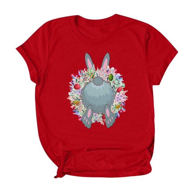Pompotops Blouse à Manches Courtes et Col Rond pour Femmes avec Imprimé Couronne de Lapin de Pâques