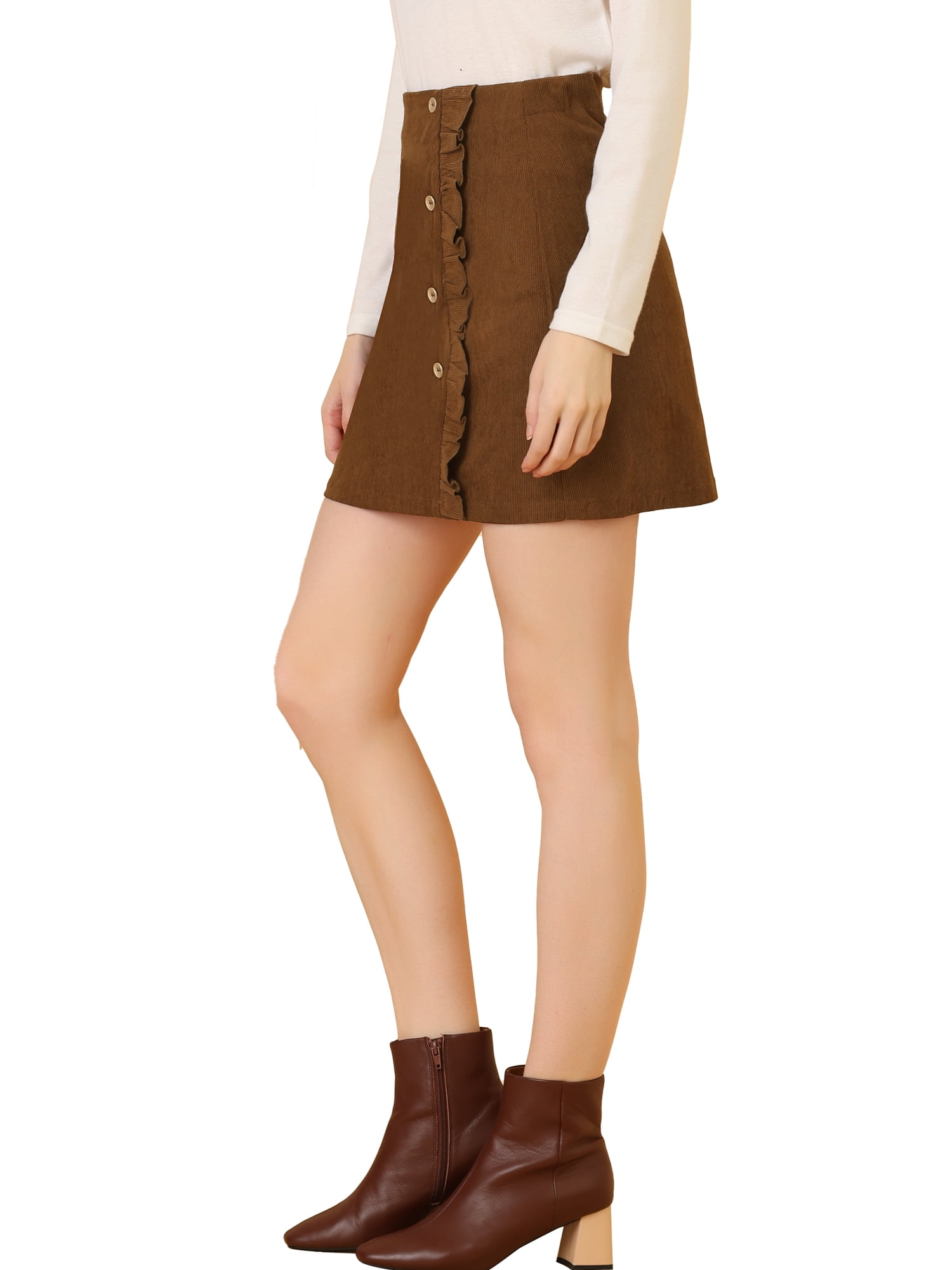 DARING DIVA Women's Button Decor Ruffled Trim Mini Skirt S Brown