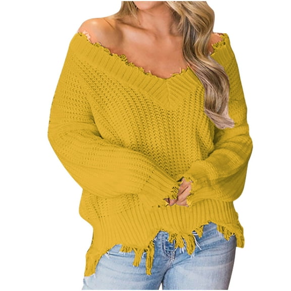 Timegard Sweaters for Women V Neck off Shoulder Pullover Irregularly Ripped Casual Loose Tops Fall Fashion