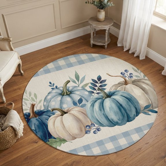 Small Round Rug 3Ft, Blue White Pumpkin Fall Non-Slip Washable Circle Rugs Carpet, Thanksgiving Eucalyptus Blue Plaid Indoor Outdoor Rug Floor Mats Throw Runner for Bedroom Living Room Bathroom
