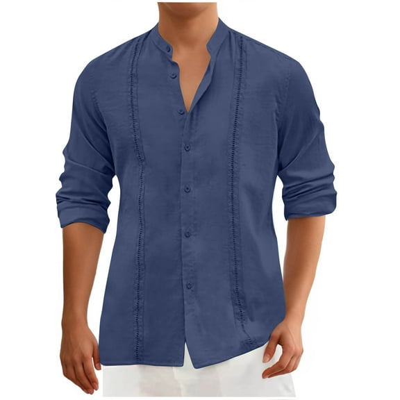 ZCFZJW Button Down Linen Shirts for Men Casual Solid Color Big and Tall Long Sleeve Regular Fit Cotton Beach Vacation T Shirt Tops Dark Blue L
