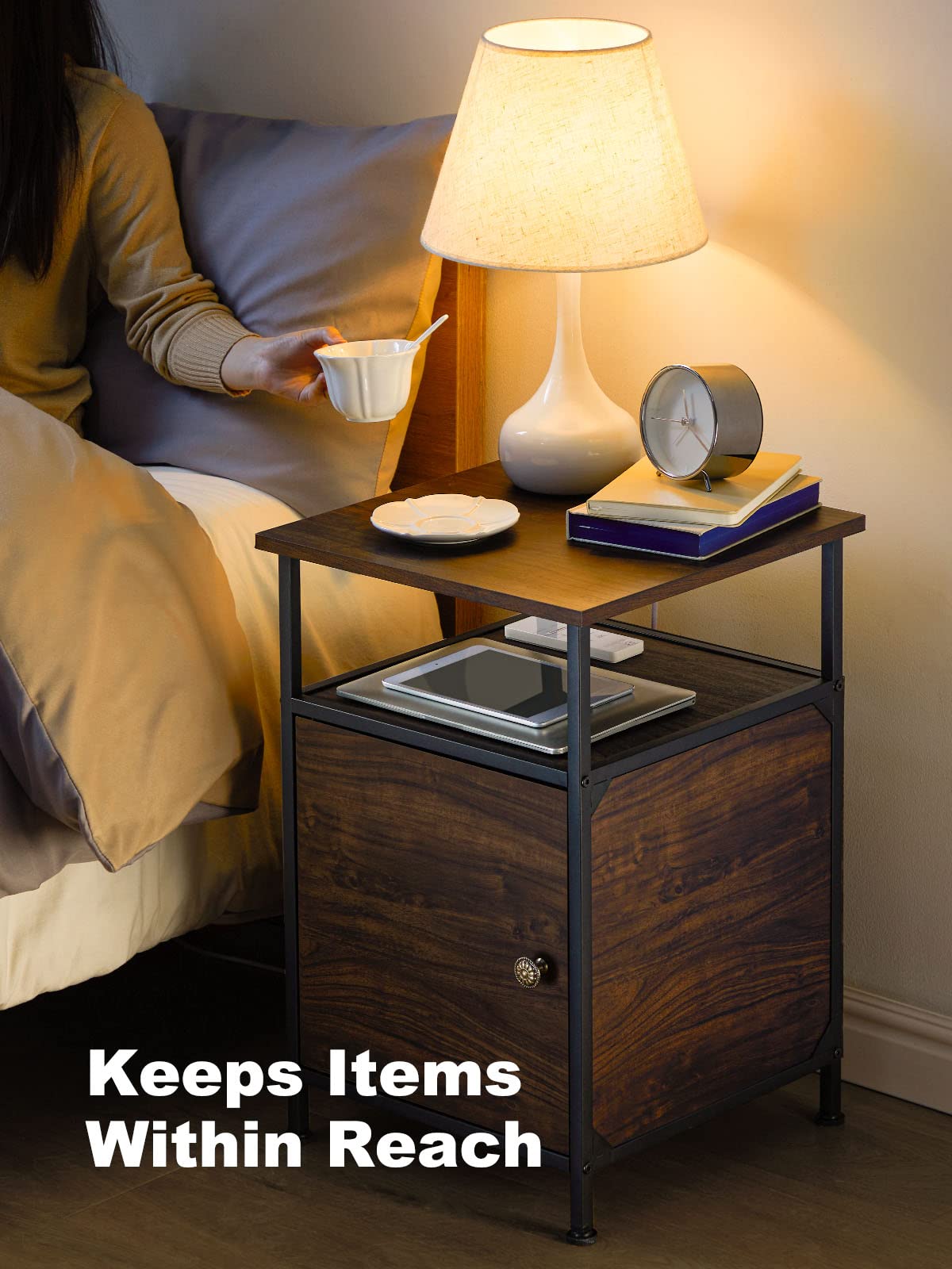 2-Tier Rustic Full Metal Frame Nightstand Table Bedside End Table with Drawer for Livingroom Bedroom