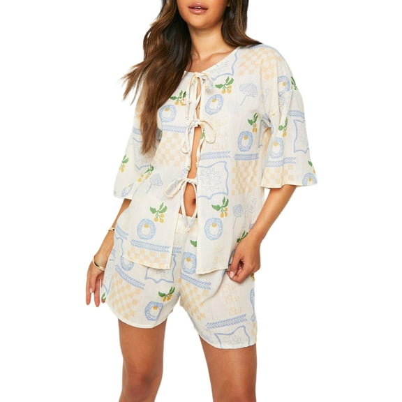 Michellecmm Women Pajamas Set 2 Pieces Loungewear Suits Postcard Print Front Tie-Up Short Sleeve Loose Tops and Shorts Sleepwear Outfits