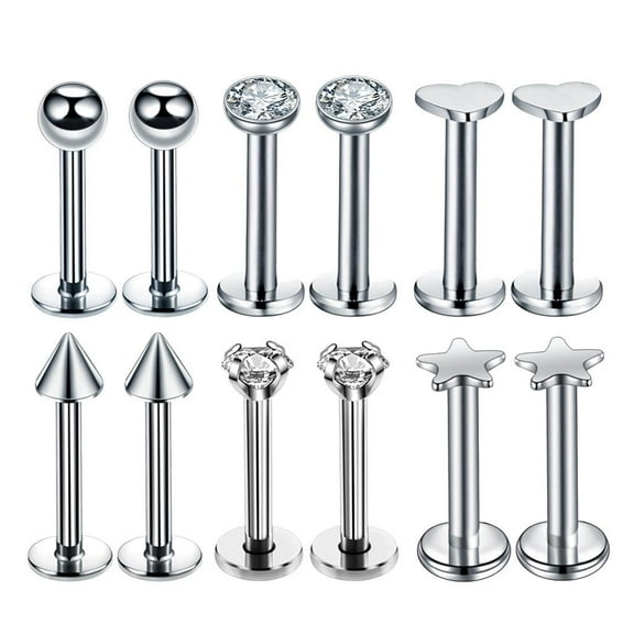 12Pcs 16G Stainless Steel Stud Ears Lip Labret Piercing Barbell Studs