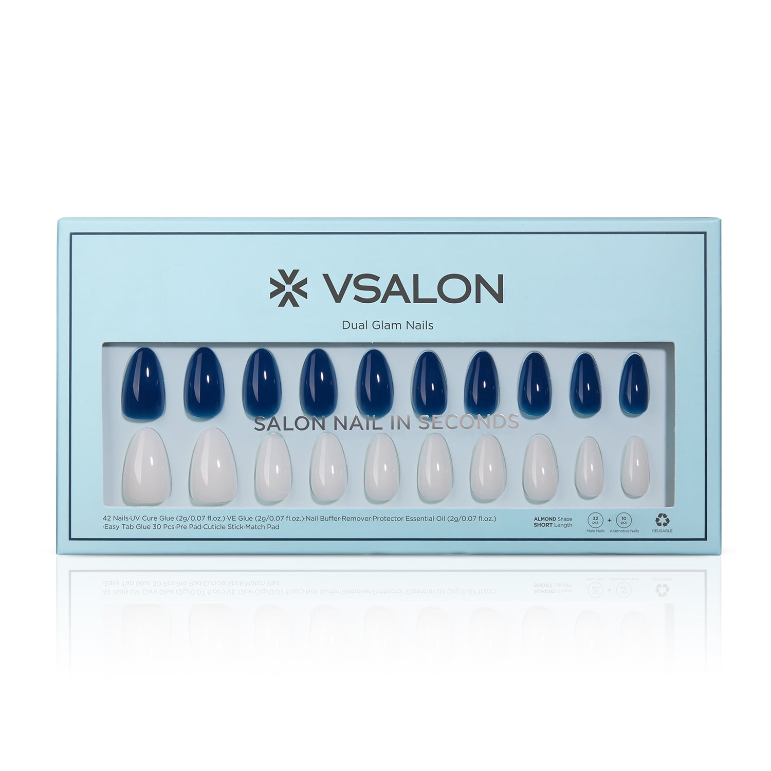 VSALON Press On Nails Short Almond - 42 PCS Navy Blue Cream and White Semi-Transparent Fake Nails for Women，32 Main Nails in 16 Sizes & 10 Alternative Nails - Lamp Curable Glue on Nail with Tool Kit