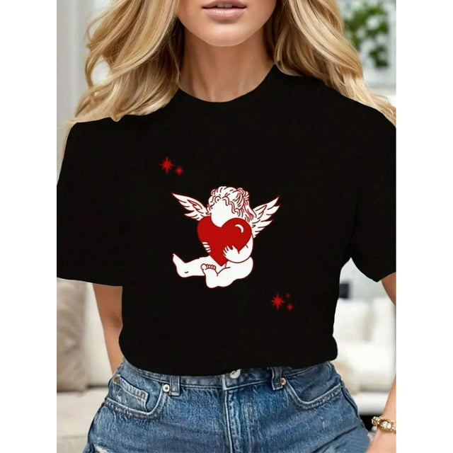 Soft Cotton Happy Valentine's Day Angel Hug Heart Graphic T-Shirt Casual Crew Neck Comfortable for Camisetas para mujer, lindas camisetas con estampado gráfico, de manga corta, estilo casual, para ve