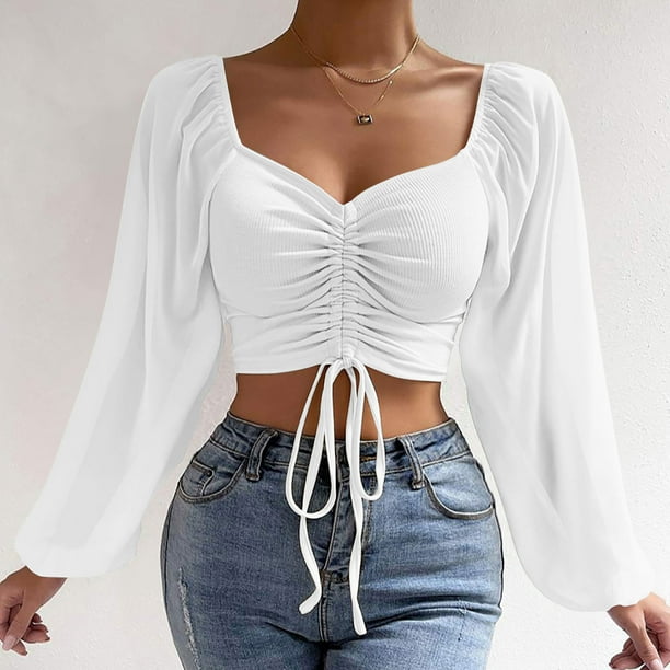 ShomPort Crop Tops for Womens Boat Neck Lantern Sleeve Ruched T