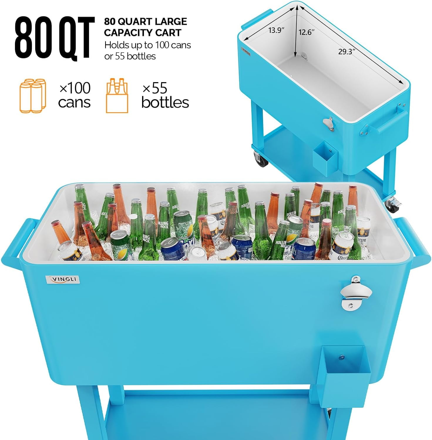 VINGLI 80 Quart Rolling Cart on Wheels, Portable Bar Drink Cooler, Beverage for Patio Pool Party, Ice Chest with Shelf,Bottle Opener,Water Pipe