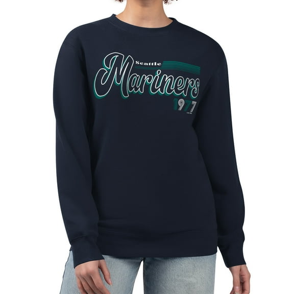 Women's Starter Navy Seattle Mariners Groovy Script Team Fleece Pullover Sweatshirt