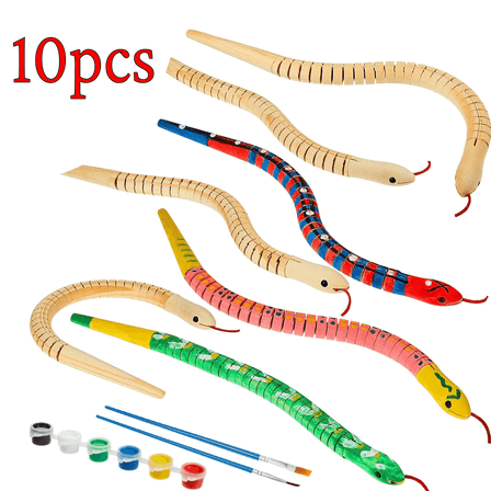 10 Pieces Wooden Snake Bulk Jointed Flexible Unfinished Wooden Wiggly Snake with 12 Colors Acrylic Craft Paint and Paint Brush for Arts and Crafts Reptile Party Decoration