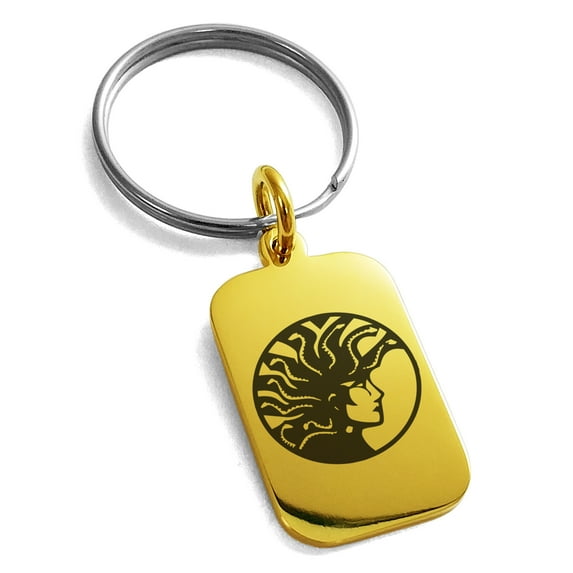 Stainless Steel Greek Mythology Medusa Engraved Small Rectangle Dog Tag Charm Keychain Keyring