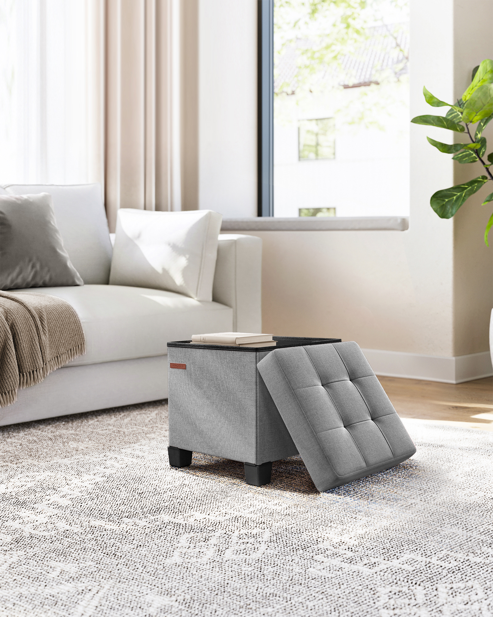 Folding Storage Ottoman Bench with 660lb Capacity, 15x15x15.7 Inch Footrest & Seat, Linen-Look Fabric for Living Room & Bedroom, Dove Gray
