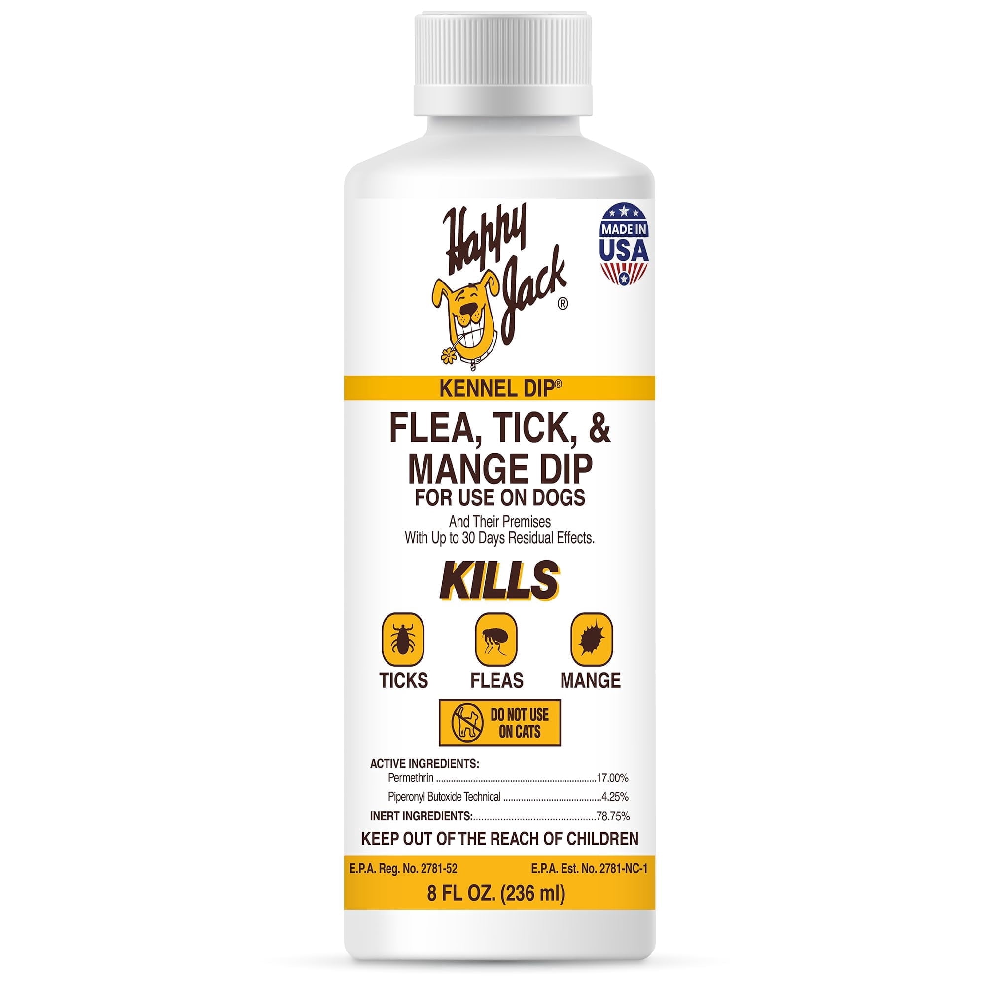 Happy Jack Kennel Dip II Flea, Tick, and Mange Treatment for Dogs, Concentrate, 8 oz Bottle
