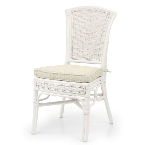 SK New Interiors Alexa Dining Side Chair White Color Natural Rattan Wicker Handmade Design with Cushion