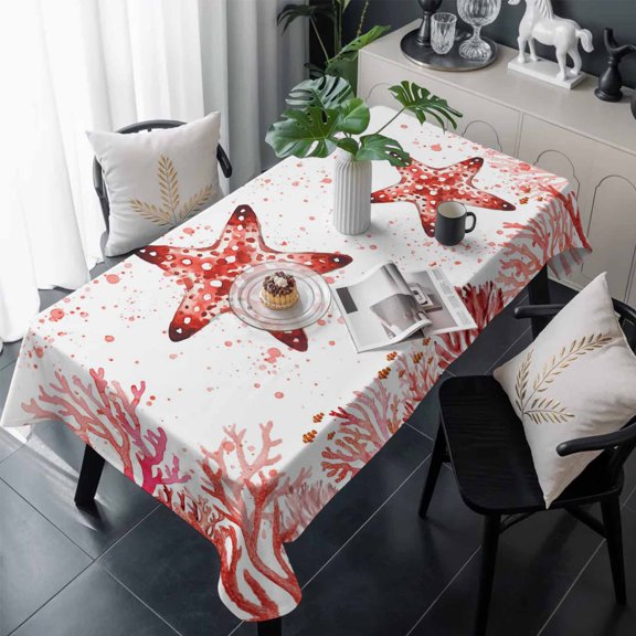 Red Coastal Starfish Table Cloth Waterproof Tablecloths, Summer Ocean Coral Sea Fish Abstract Tablecloth Dining Table Cover for Kitchen Party Tabletop Outdoor, Rectangle Tablecloth 54x108 Inch