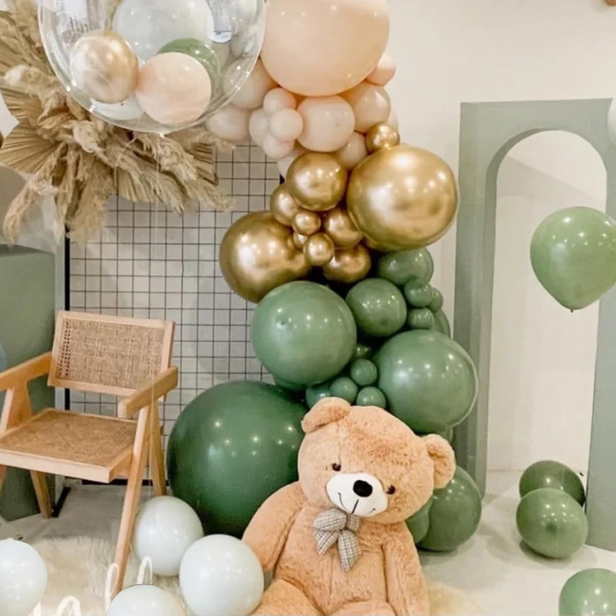 Green White Gold Balloon Arch Kit, 146Pcs Avocado Green Metallic Chrome Gold Confetti and White Latex Balloons for Wedding Birthday Baby Shower Decoration