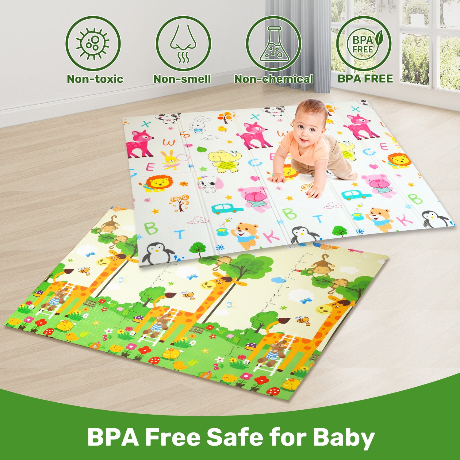 JoyStone Baby Play Mat, 78" X 70" Extra Large Reversible Foam Play Mat, Non-Toxic Foldable Animal Print Waterproof Crawl Mat for Toddlers and Babies
