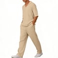 thumbnail image 6 of Jessboyy Mens Pants Sets 2 Piece Outfits Summer V Neck Short Sleeve T Shirts and Pants with Pockets Travel Vacation Outfits Casual Clothing Set Khaki,XL, 6 of 9